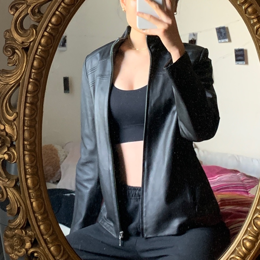 Trendy Black Leather Zip Jacket - Nicole Miller